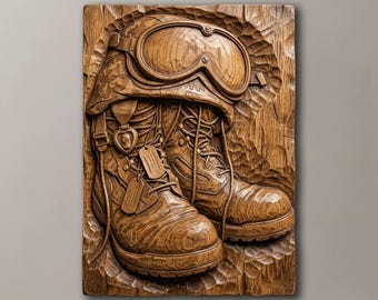 Militärstiefel, Helm, Erkennungsmarken – 3D-Relief (STL) | Wandbild zur Veteranenehrung | CNC-Fräsdatei | Patriotisches Soldatenstiefel-Plakettenmodell | 3D-Druckdatei