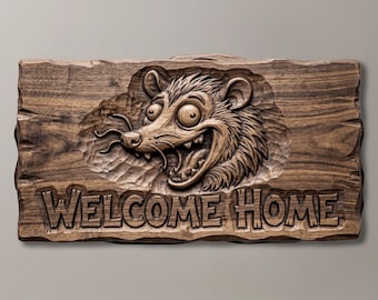 Välkomstskylt för serietidning med opossum | 3D-relief STL-fil | Inflyttningspresent | Rustik bondgårdsinredning | CNC- och 3D-utskrift