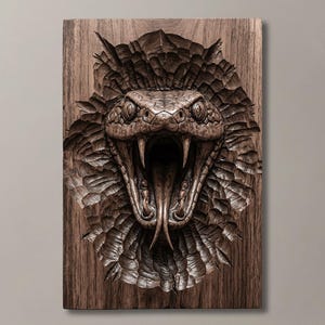 Puede incluir: Una placa de pared rectangular de madera con una talla en alto relieve de una cabeza de serpiente con la boca abierta, colmillos visibles y una lengua bífida. La madera circundante presenta una textura con marcas profundas de cincel.