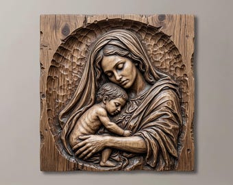 Könnte beinhalten: Eine quadratische Wandplatte aus Holz mit einem detaillierten Reliefschnitzwerk einer Figur, die ein kleines Kind hält. Die natürliche braune Holzmaserung ist auf dem gesamten Stück sichtbar, mit einem texturierten Hintergrund.