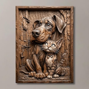 Könnte beinhalten: Eine rechteckige Wandplatte aus Holz mit einer detaillierten Reliefschnitzerei eines großen Hundes und einer kleinen Katze, die nebeneinander sitzen. Die braune Holzoberfläche zeigt texturierte architektonische Elemente und Fell.