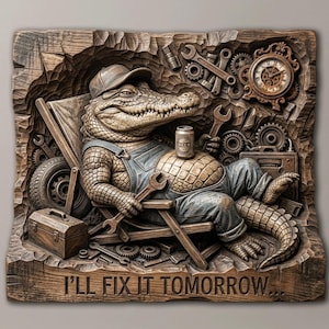Lat alligatormekaniker CNC STL | Väggdekoration för man cave garage | Rustik humoristisk träsnideri | CNC-router och 3D-skrivarfil
