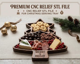 May include: A dark wood serving tray shaped like a Christmas tree, featuring three tiered sections filled with cookies, nuts, dark berries, cheese, and cured meats. The base of the tray is engraved with the text MERRY & BRIGHT in a dark font.