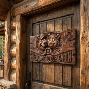 3D relief wood carving of two adorable cartoon bears, a male with a fishing hat and female with a flower wreath, holding paws to create a heart shape. The rustic wooden sign reads "WELCOME TO OUR CABIN". Ideal for woodland cabin decor, campsite entryways, or a unique woodworking gift. High-quality STL model tailored for CNC router, laser engraver, and 3D printer projects.