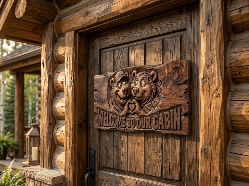 3D relief wood carving of two adorable cartoon bears, a male with a fishing hat and female with a flower wreath, holding paws to create a heart shape. The rustic wooden sign reads "WELCOME TO OUR CABIN". Ideal for woodland cabin decor, campsite entryways, or a unique woodworking gift. High-quality STL model tailored for CNC router, laser engraver, and 3D printer projects.