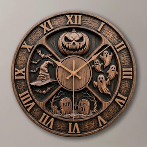 May include: A round wall clock with a dark brown wood-grain finish featuring Roman numerals and four carved Halloween-themed quadrants. The design includes a jack-o'-lantern, a witch hat with bats, three ghosts, and two tombstones marked RIP and OCT 31.