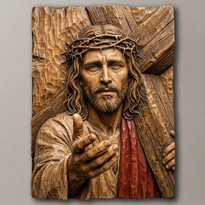 Pode incluir: Um relevo de parede retangular em madeira representando uma figura com cabelos longos e barba, usando uma coroa de espinhos. A figura carrega uma grande cruz de madeira sobre um ombro e estende uma mão para a frente. Com um detalhe em tecido vermelho.