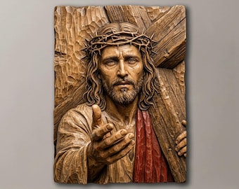 Jesus bär kors 3D-relief STL | Jesus väggkonst CNC-filer | Katolsk heminredning kyrkkonst | Religiös gåva kristen träsnideri STL