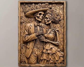 May include: A rectangular wooden wall carving featuring a relief of two skeletons in formal attire. One skeleton wears a wide-brimmed hat and a suit with a bowtie, while the other wears a floral headpiece and a tiered dress, both adorned with roses.