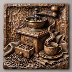 Puede incluir: Una placa de pared cuadrada de madera con un relieve tallado de un molinillo de café con cajón, una taza de café y granos de café esparcidos. La palabra COFFEE está grabada en el frente del molinillo, sobre un fondo de madera texturizada.