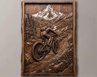 Mountainbike 3D-relief STL-fil, alpin cyklistled i träsnideri, MTB-väggkonstmodell för CNC-router och 3D-skrivare