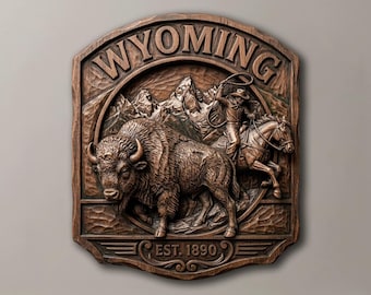 Wyoming State Seal Bison Cowboy 3D STL Relief | CNC Router Fil Träsnideri | Väggdekoration i Western Cabin | Present till Cowboy Rustik Skylt STL