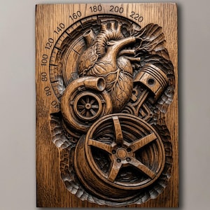 May include: A rectangular wooden wall plaque featuring a detailed relief carving of an anatomical heart, a turbocharger, a piston, and a five-spoke wheel. An arched gauge scale with numerical markings from 40 to 220 is carved along the upper left edge.
