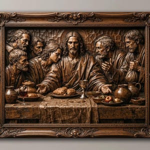 Könnte beinhalten: Ein Wandbild aus dunkelbraunem Holz mit einem Hochrelief-Schnitzwerk des Abendmahls. Die Szene zeigt eine zentrale Figur mit langem Haar und Bart, die mit mehreren anderen Personen an einem Tisch sitzt, umgeben von Schalen, Krügen und Brot.
