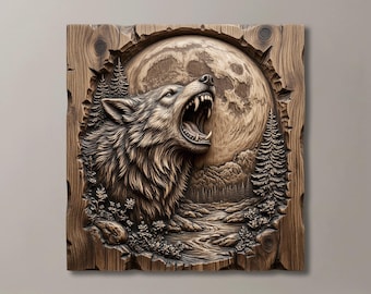 Wolf Howling at Moon CNC Relief | Fathers Day Gift for Him | Rustic Lodge Wall Decor | STL for CNC Router | 3D Print Model