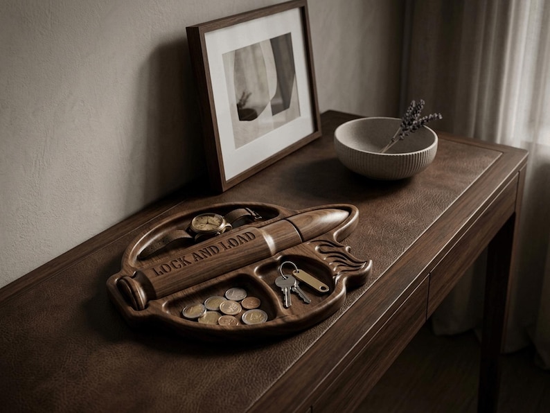 High-resolution CNC relief stl file for a tactical bullet valet tray. The model features deeply carved compartments for an EDC dump tray, holding a military-style watch, US coins, and keys. The central bullet relief is engraved with "LOCK AND LOAD." This detailed 3D woodworking file is perfect for creating custom man cave catchall tray gifts.