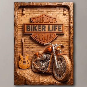 Pode incluir: Uma placa de parede retangular de madeira com fundo de tijolos esculpidos e duas lâmpadas. No centro, um sinal em forma de escudo exibe o texto AMERICAN BIKER LIFE GARAGE. Inclui uma motocicleta e uma guitarra elétrica esculpidas.