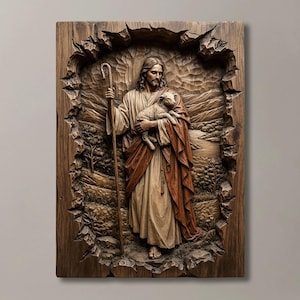Puede incluir: Una placa de pared rectangular de madera con una talla en relieve profundo de una figura con cabello largo y barba, vistiendo túnicas y sosteniendo un bastón de madera mientras carga un pequeño cordero. La escena muestra un paisaje con árboles.