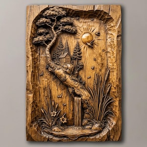 Pine Tree Cabin 3D Relief STL: Rustic Nature Art for CNC and Laser Engraving