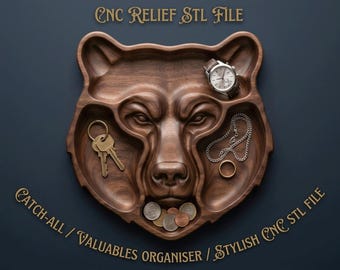 Bear Head Catch All Tray STL File for CNC Router | Grizzly Bear Wood Carving File | 3D Relief STL | Man Cave Gift for Him