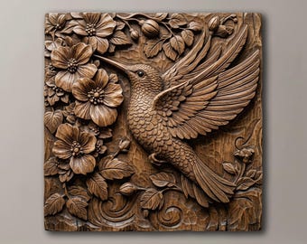 Hummingbird 3D Relief STL CNC Wood Carving File | Flower Floral Wall Art Model | Rustic Nature Garden Home Decor | Digital 3D Print File