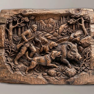 Wild Boar Hunting 3D Relief CNC Router File | Rustic Cabin Wall Decor | Man Cave Hunter Gift | STL for CNC & 3D Print