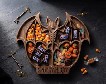 Fladdermus Halloween serveringsbricka CNC STL-fil | Spöklik godisskål matfat träsnideri | Digital nedladdning till 3D-skrivare