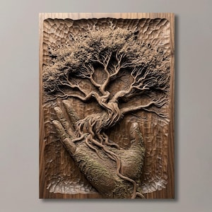 Puede incluir: Una placa de pared rectangular de madera que presenta una talla en relieve detallada de un árbol grande y extendido que crece desde una palma abierta. El fondo tiene una apariencia texturizada y cincelada, con tonos marrones naturales.