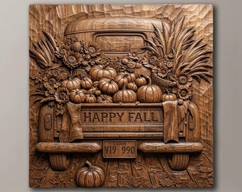 Fall Pumpkin Truck Relief STL, Autumn Harvest Vintage Pickup 3D Model, Thanksgiving Wood Carving File for CNC Router
