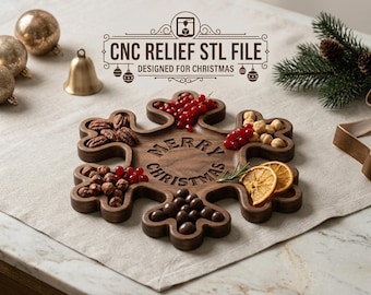 May include: A dark brown wooden serving tray shaped like a snowflake with multiple compartments filled with nuts, berries, and dried orange slices. The center is engraved with the text MERRY CHRISTMAS. Above the tray, the text reads CNC RELIEF STL FILE DESIGNED FOR CHRISTMAS.
