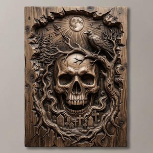 Puede incluir: Una placa de pared rectangular de madera con una talla en relieve detallada de un cráneo humano centrado entre ramas de árboles nudosas. Un cuervo se posa sobre el cráneo, con una luna llena, pinos y un cementerio con lápidas al fondo.