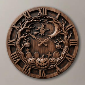 May include: A circular brown wooden wall clock featuring carved Roman numerals and a detailed relief scene. The center depicts a witch on a broomstick, a crescent moon, twisted trees, gravestones, and several jack-o'-lanterns with faces.
