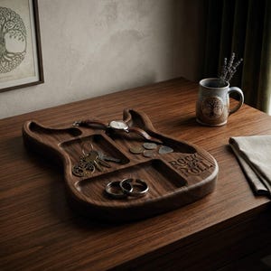Electric guitar valet tray STL file and catchall organizer model for CNC routers and 3D printers. High-detail relief digital download designed for music lovers, guitarists, and man cave decor projects. Perfect woodcarving pattern and CNC router file for crafting custom musician gifts and desktop accessory storage.