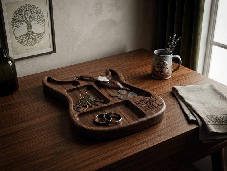 Electric guitar valet tray STL file and catchall organizer model for CNC routers and 3D printers. High-detail relief digital download designed for music lovers, guitarists, and man cave decor projects. Perfect woodcarving pattern and CNC router file for crafting custom musician gifts and desktop accessory storage.
