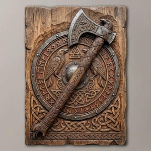 Puede incluir: Una placa de pared rectangular de madera con un escudo circular tallado y un hacha de batalla. El escudo muestra dos cuervos, un símbolo de nudo triangular central y un borde de runas. El mango del hacha está envuelto en cuero con un pomo.