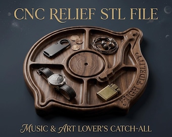 Skivspelare för vinyl STL-fil för CNC-fräs | Skivspelare Catchall Valet Tray 3D-relief | Musikälskare-present | 3D-utskriftsfil