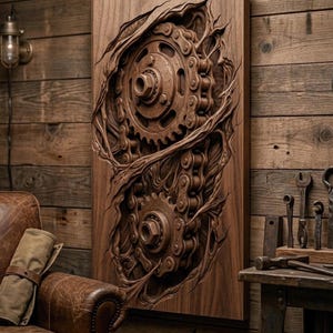 Embrace visceral gothic design with this 3D STL digital file, featuring torn mechanical chains and heavy gears erupting through splintered wood that mimics torn flesh. Expertly optimized for CNC routers, laser engraving, and 3D printers, this eerie industrial relief is ideal for dark steampunk wall art, edgy man cave decor, motorcycle garage hangings, and unique mechanic gifts. A premium instant digital download for serious woodworkers.
