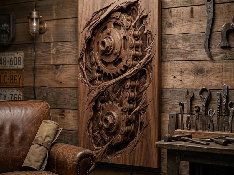 Embrace visceral gothic design with this 3D STL digital file, featuring torn mechanical chains and heavy gears erupting through splintered wood that mimics torn flesh. Expertly optimized for CNC routers, laser engraving, and 3D printers, this eerie industrial relief is ideal for dark steampunk wall art, edgy man cave decor, motorcycle garage hangings, and unique mechanic gifts. A premium instant digital download for serious woodworkers.