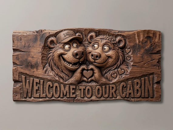 Bear Couple Welcome Cabin Sign | CNC Relief Carving | Woodworker Gift Idea | Rustic Farmhouse Wall Art | 3D Print STL Model