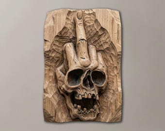 Mittelfinger-Totenkopf-Relief (CNC-Druck) | Deko für die Männerhöhle/Garage | Gotische Wandkunst aus Holz | STL-Datei für CNC- und 3D-Druck