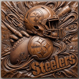 May include: A square wooden wall carving featuring a Pittsburgh Steelers football helmet and a football with the NFL logo. The design includes swirling patterns, a city skyline, and the word Steelers in large, bold, carved wooden lettering.