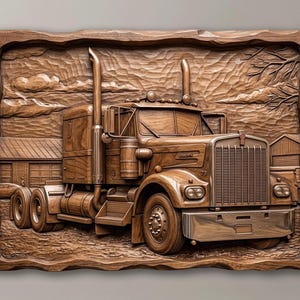 Peut inclure: Une plaque murale rectangulaire en bois présentant une sculpture en relief détaillée d'un semi-remorque. L'œuvre représente un grand camion avec deux cheminées d'échappement, une calandre proéminente et des roues, devant un bâtiment et des nuages.