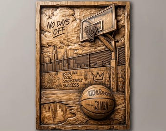 Basketbollsrelief STL 3D CNC-fil, No Days Off Streetball Reliefmodell, Träsnideri Fräskonst, Basketbollsväggdekor Digital Nedladdning