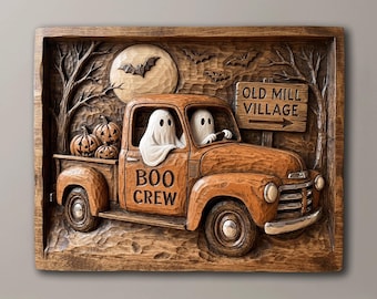 Halloween Ghost Vintage Truck 3D Relief STL | CNC Router Wood Carving File | Boo Crew Pumpkin Wall Art | Aspire ArtCAM 3D Print Model