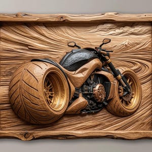 Puede incluir: Una pieza de arte mural rectangular de madera que presenta una talla en relieve detallada de una motocicleta. La motocicleta tiene un neumático trasero grande, un tanque de combustible oscuro y un marco de madera clara. El fondo muestra patrones.