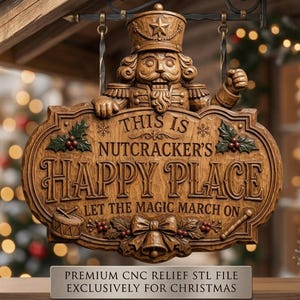 Puede incluir: Un letrero de madera tallada con una figura de cascanueces en la parte superior y el texto THIS IS NUTCRACKER'S HAPPY PLACE LET THE MAGIC MARCH ON. Incluye relieves de acebo, un tambor y un lazo, con una etiqueta inferior que dice PREMIUM CNC RELIEF STL FILE EXCLUSIVELY FOR CHRISTMAS.