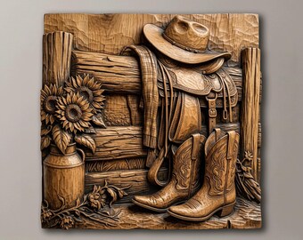 Cowboyhatt Sadelstövlar STL | Western Relief 3D-modell för CNC | Rustik lantlig solrosväggkonst | Träsniderifil