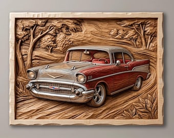 3D STL-bestand van een klassieke auto uit de jaren 50 voor CNC-router | Vintage coupé houtsnijwerk reliëfmodel | Digitale download voor 3D-printer | Muurdecoratie voor de mancave
