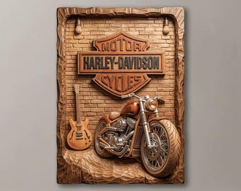 V Twin motorcykel 3D-relief STL | Vintage Chopper gitarr CNC-fil | Väggdekoration för man cave garage | Träsniderimodell för biker