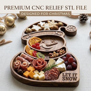 Op de afbeelding: Een houten serveerblad in de vorm van een sneeuwman met een hoed, voorzien van uitgesneden vakken gevuld met diverse vleeswaren, kazen, fruit en noten. Het blad bevat de gegraveerde tekst PREMIUM CNC RELIEF STL FILE, DESIGNED FOR CHRISTMAS en LET IT SNOW.